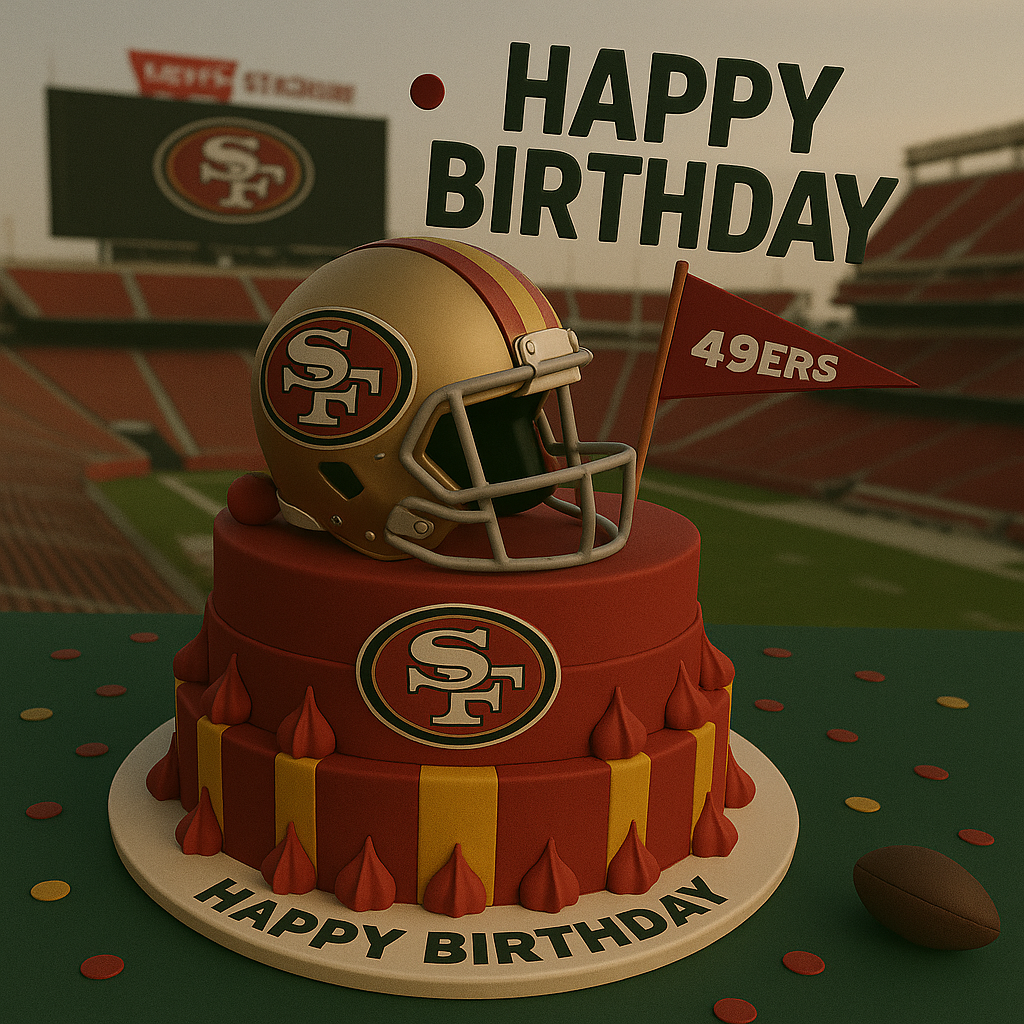 Birthday cake with San Francisco 49ers helmet and flags in a stadium setting