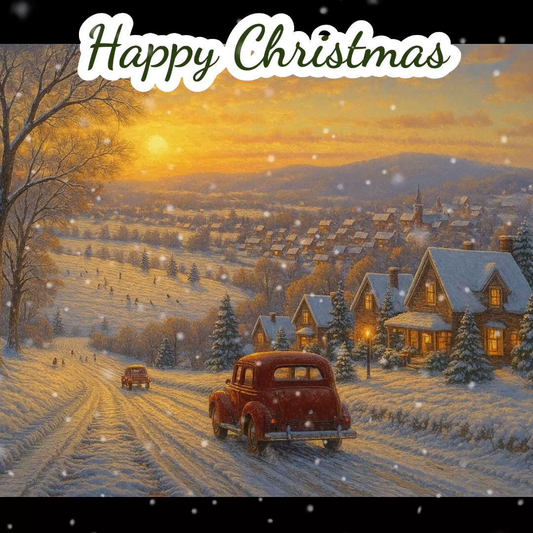 Winter scene with a red truck on a snowy road, 'Happy Christmas' text at the top.
