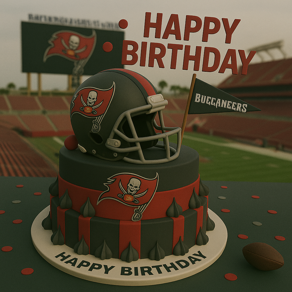 Birthday cake with Tampa Bay Buccaneers helmet and flags on a football field background