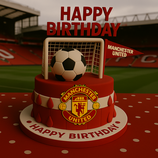Birthday cake with Manchester United theme including a soccer ball and goal on a stadium background